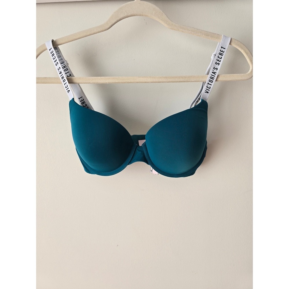 Victorias Secret T-Shirt Push-Up Bra Teal‎ Blue Logo Straps 32D Full Coverage